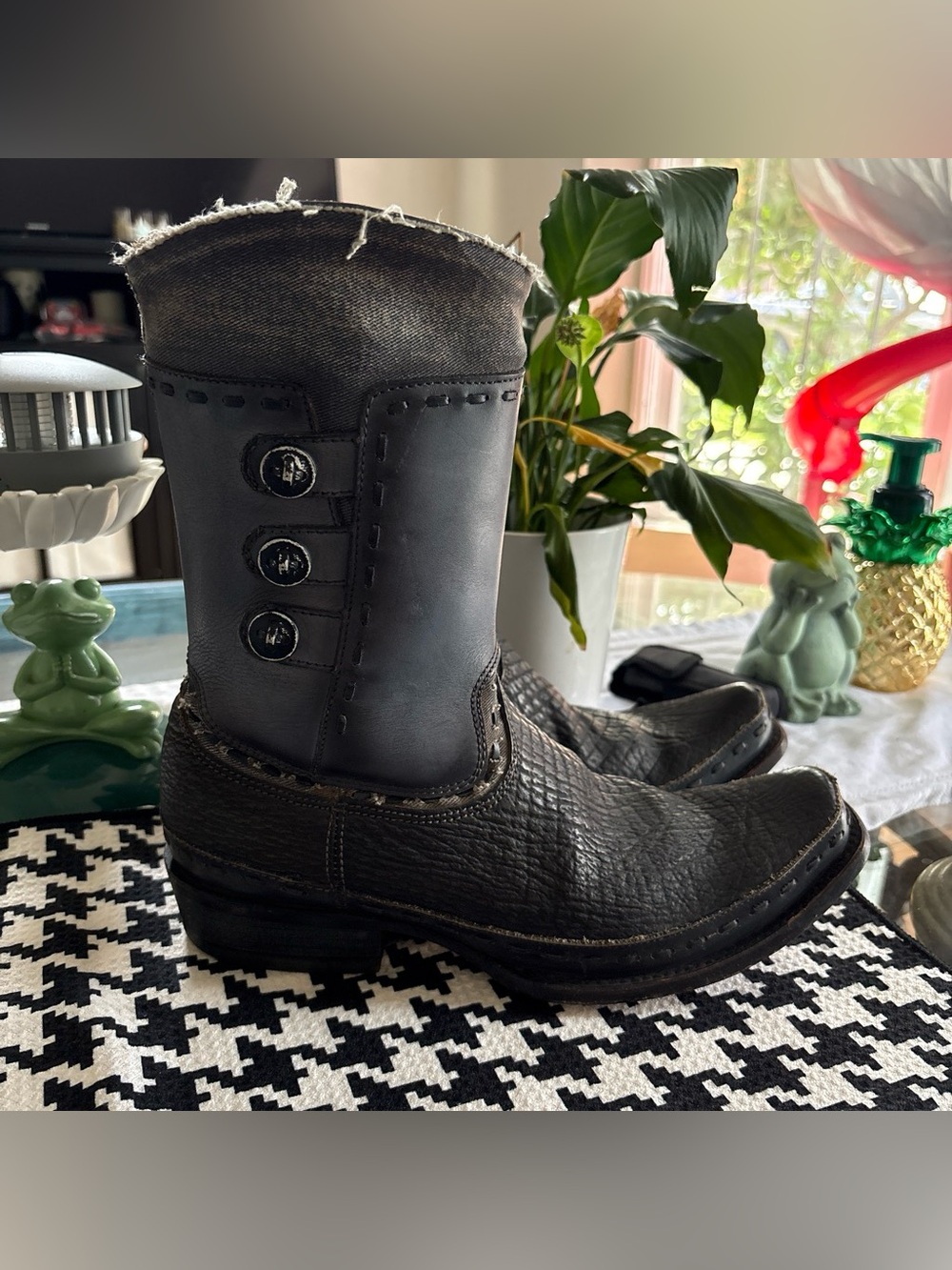 Men's Black Textured Leather Mid-Calf Boots with Button Accent